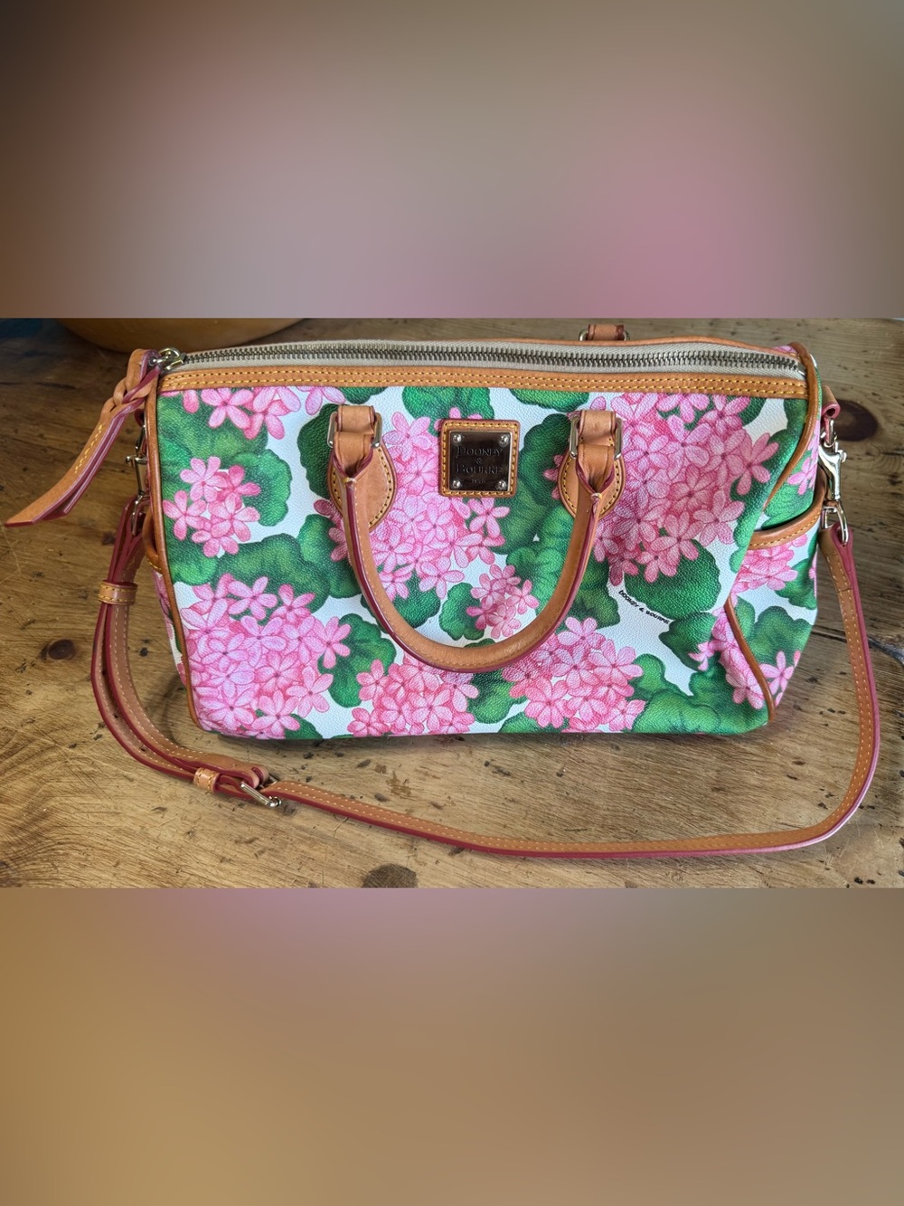 Dooney & Bourke Pink and Green Floral Hydrangea Leather Barrel Satchel Bag